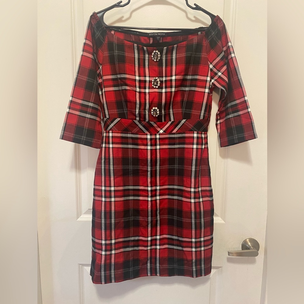 Boston Proper Red and Black Plaid Long Sleeve Dress